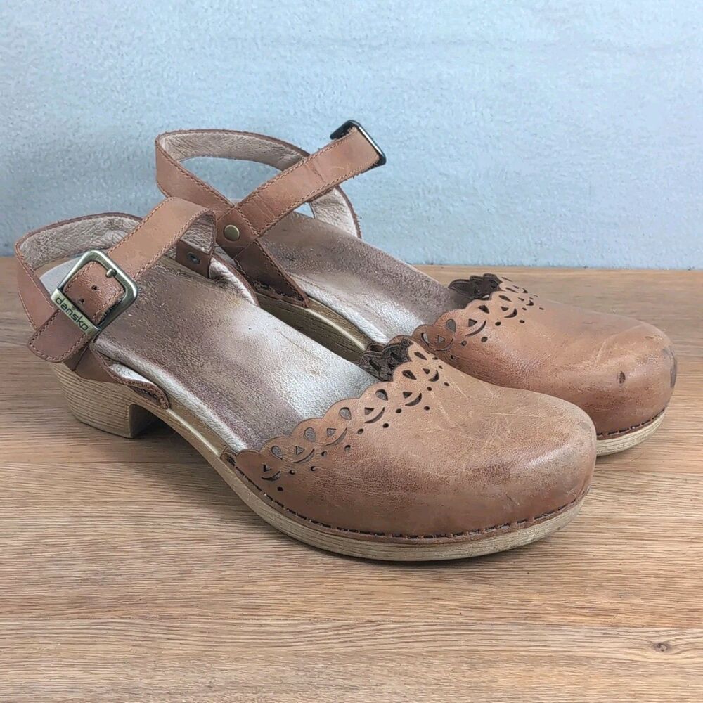 Dansko Marta Full Grain Leather Clogs Camel Ankle Strap Heel EU 42 11.5